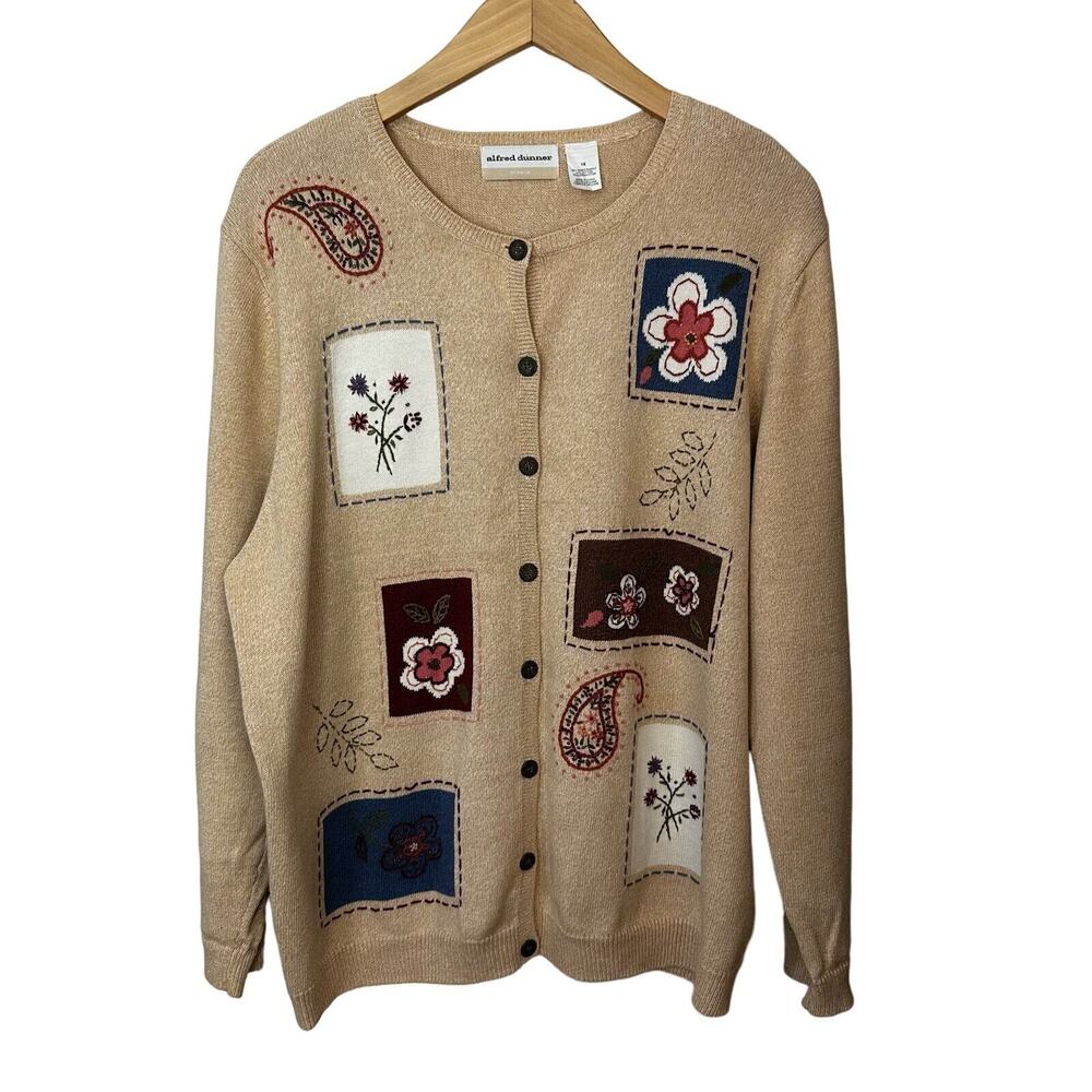 Alfred Dunner Cardigan Sweater 1X Embroidered Floral Button Front Ramie Cotton
